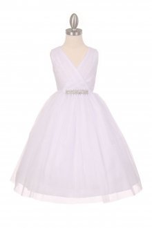 WhiteTulle V-Neck with Removable Rhinestone Grossgrain Tape Sash Flower Girl Dress